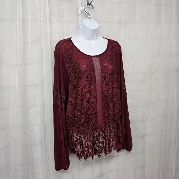 Burgundy Mesh Lace Blouse Sheer Goth Boho Whimsigoth Fairy Peplum 1X - Picture 4 of 10